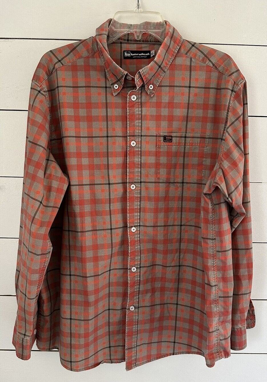 Banded Shirt Mens Orange Plaid Casual Long Sleeve Button Up Size XL
